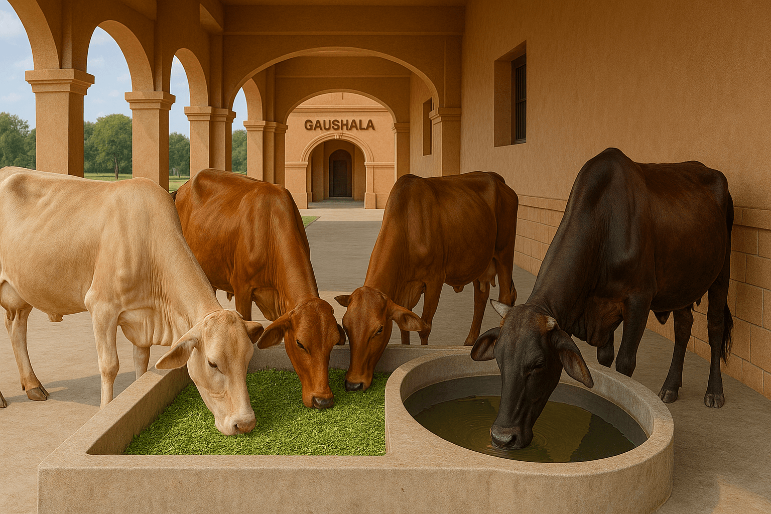 A serene Gaushala with a sacred cow at sunset